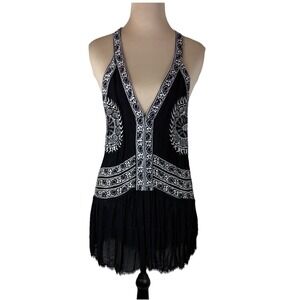 Free People Women Black Embroidered Racerback Top Bohemian Festival Size Medium